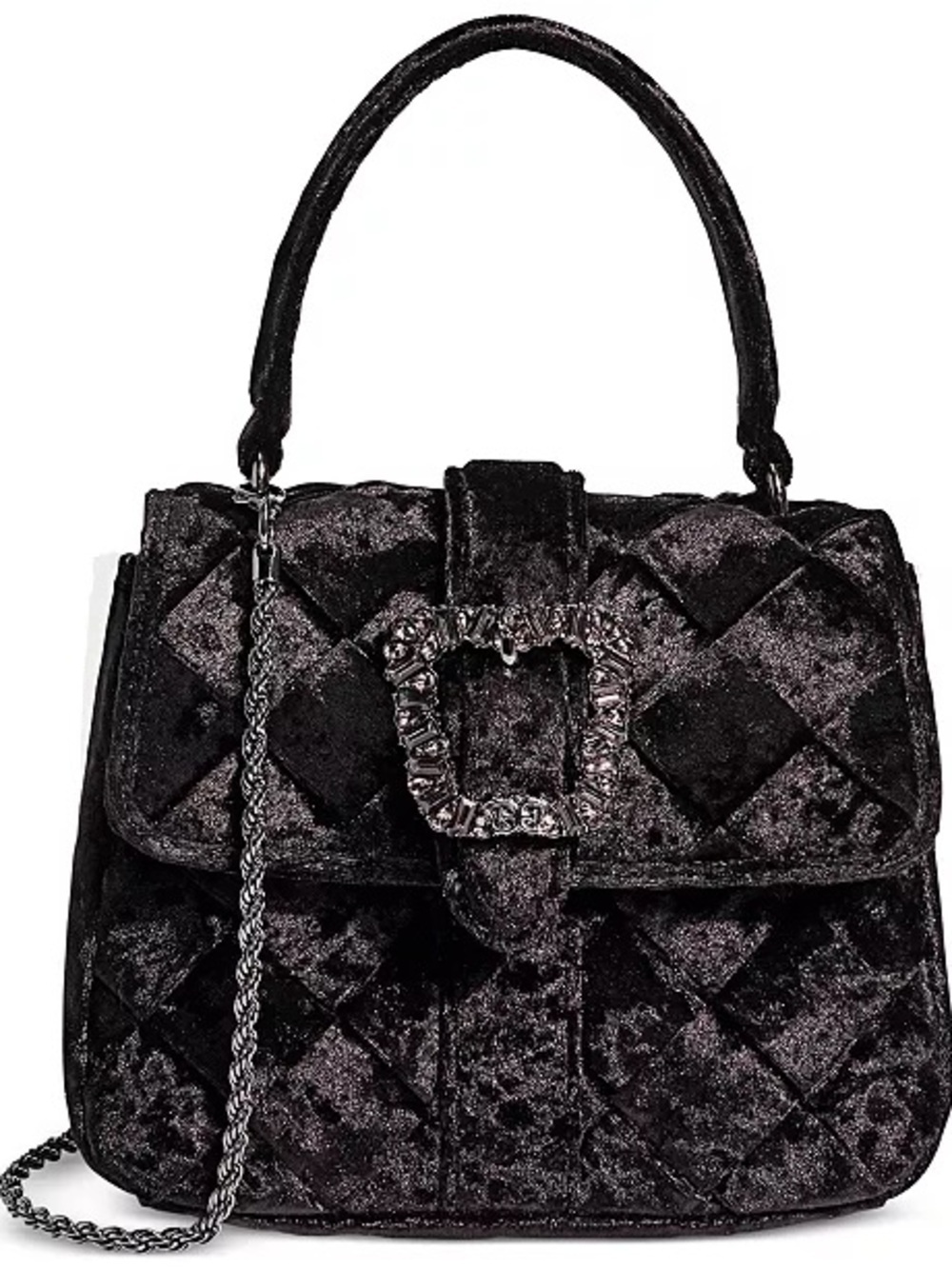 Sam Edelman Black Quilted Velvet Satchel with Jeweled Buckle